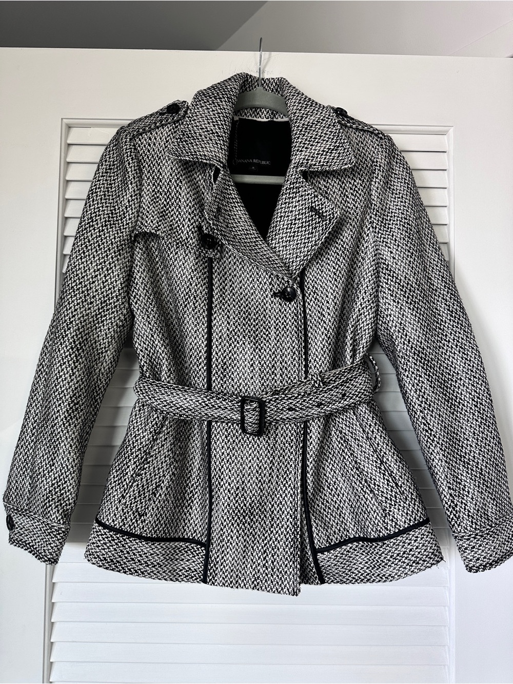 Banana Republic Black Ivory Tweed Belted Trench Coat Jacket Small